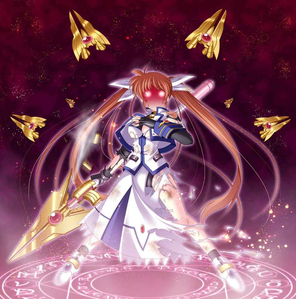 narutaki shin, raising heart, raising heart (blaster bit), raising heart (exceed mode), takamachi nanoha, takamachi nanoha (exceed mode), lyrical nanoha, mahou shoujo lyrical nanoha strikers, 00s, 1girl, brown hair, burn mark, casing ejection, female focus, fin funnels, fingerless gloves, gloves, glowing, glowing eyes, hair ribbon, injury, jacket, magazine (weapon), magic, magic circle, magical girl, open clothes, open jacket, panties, red hair, ribbon, shell casing, solo, torn clothes, twintails, underwear, white devil