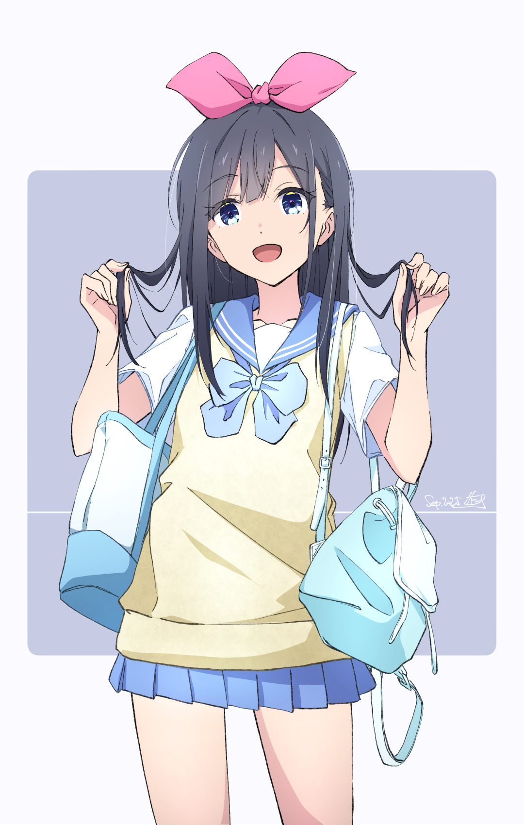 nii manabu, monai-chan (nii manabu), original, commentary request, highres, 1girl, :d, black hair, blue bag, blue bow, blue bowtie, blue sailor collar, blue skirt, bow, bowtie, dated, grey background, hair ribbon, holding, holding own hair, long hair, looking at viewer, open mouth, pink ribbon, pleated skirt, ribbon, sailor collar, school uniform, shirt, short sleeves, signature, skirt, smile, solo, standing, sweater vest, thighs, two-tone background, white shirt, yellow sweater vest
