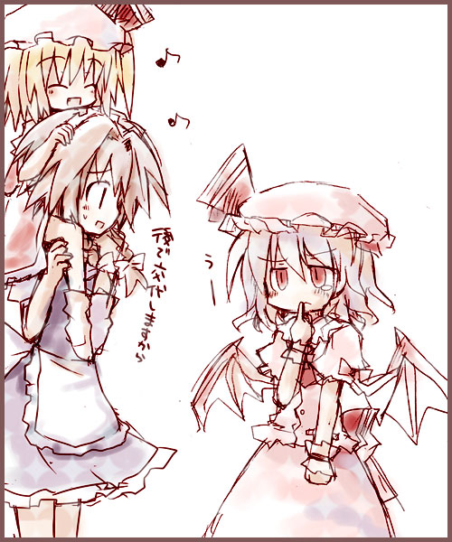 dorua (dollar), flandre scarlet, izayoi sakuya, remilia scarlet, touhou, 3girls, :d, ^ ^, apron, bat wings, blue dress, braid, carrying, closed eyes, cowboy shot, dress, female focus, hat, maid headdress, mob cap, multiple girls, open mouth, piggyback, pink dress, puffy short sleeves, puffy sleeves, short sleeves, shoulder carry, simple background, smile, spikes, standing, twin braids, waist apron, white background, wings