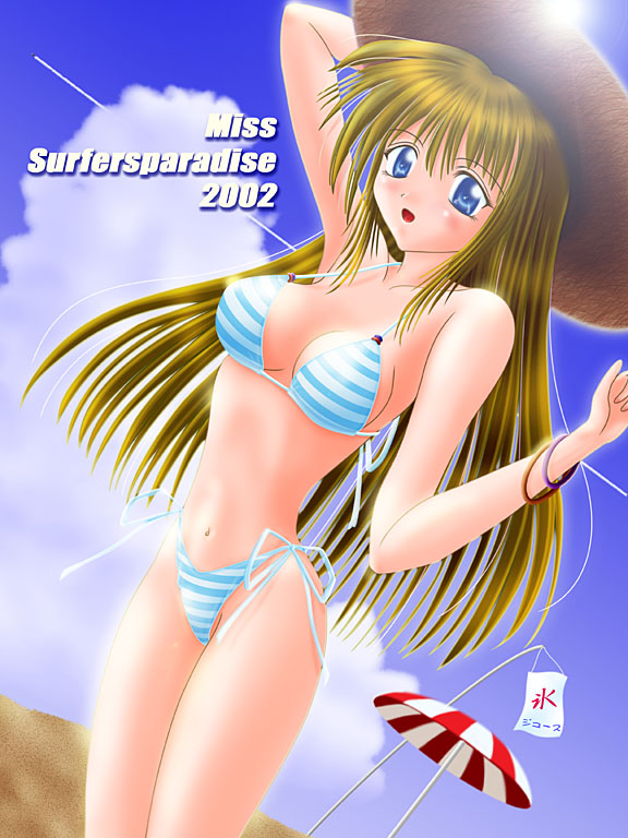 alpha myu, miss surfersparadise, original, striped, 1girl, bad anatomy, beach, bikini, blonde hair, blue eyes, day, female focus, hat, long hair, poorly drawn, sand, sky, solo, swimsuit, umbrella, very long hair
