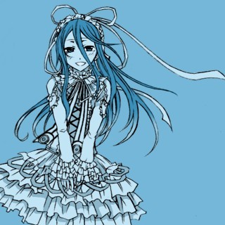 aina (.hack//), aina (.hack//g.u.), .hack//, .hack//g.u., .hack//roots, bandai, cyber connect 2, lowres, 00s, 1girl, blue hair, blue theme, dress, female focus, frills, gathers, gothic lolita, hair ribbon, lolita fashion, long hair, monochrome, ribbon, smile, solo, wind