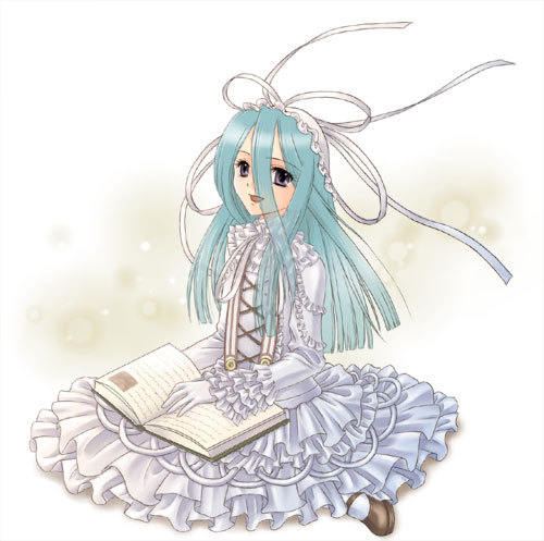 aina (.hack//), aina (.hack//g.u.), .hack//, .hack//g.u., .hack//roots, bandai, cyber connect 2, lowres, 00s, 1girl, blue hair, book, dress, female focus, frills, gathers, gloves, gothic lolita, hair ribbon, lolita fashion, long hair, open mouth, purple eyes, ribbon, sitting, solo, tongue