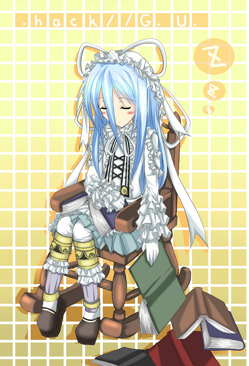 aina (.hack//), aina (.hack//g.u.), .hack//, .hack//g.u., .hack//roots, bandai, cyber connect 2, 00s, 1girl, blue hair, blush, book, chair, closed eyes, female focus, frills, full body, gathers, gloves, gothic lolita, hat, lolita fashion, long hair, ribbon, sitting, sleeping, solo