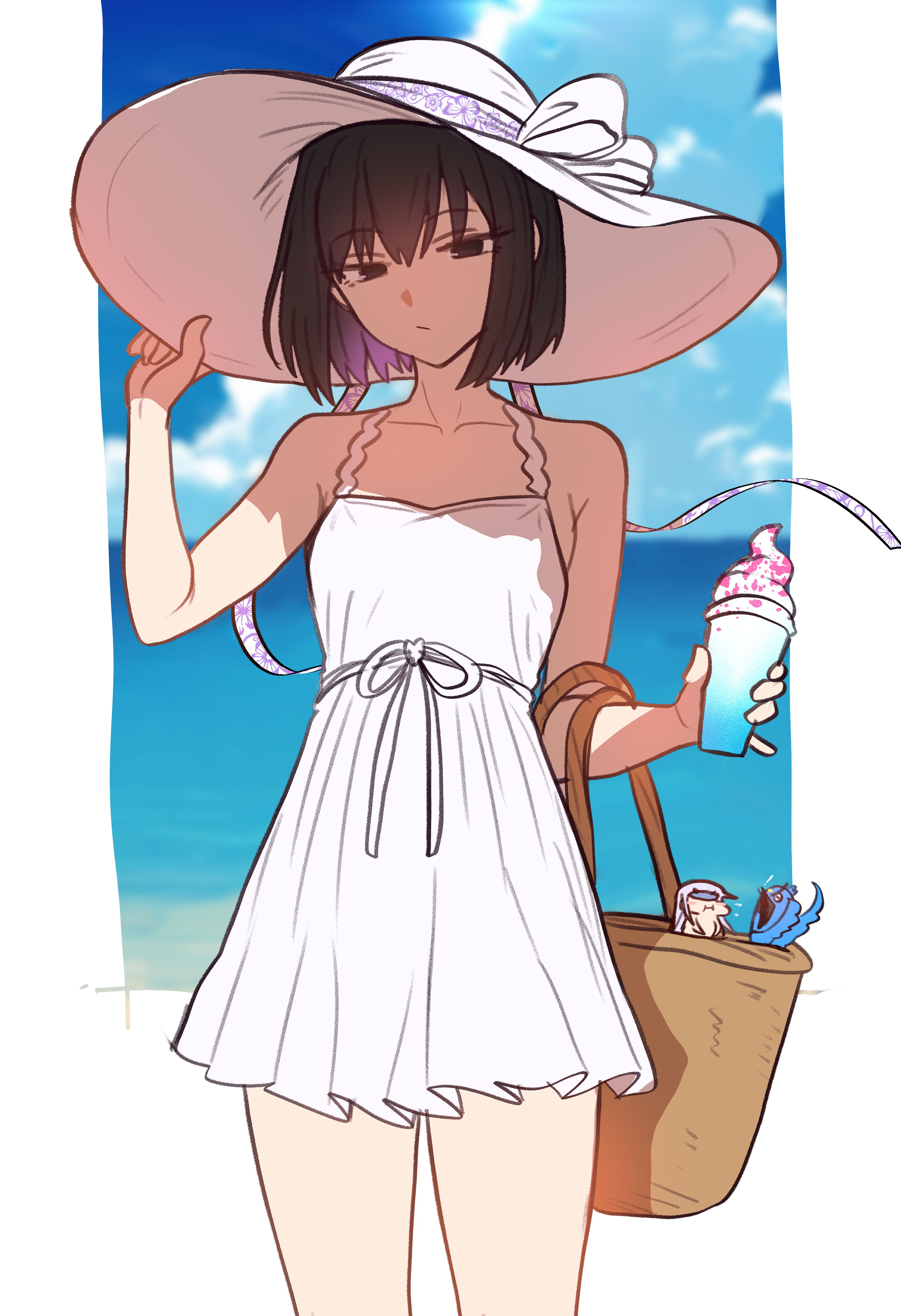 ebora, kuonji alice, lost robin rondo, melusine (fate), melusine (first ascension) (fate), mahou tsukai no yoru, absurdres, bad link, highres, 1girl, bare shoulders, basket, beach, black eyes, black hair, blue sky, breasts, dress, hat, kuonji alice (second ascension), medium breasts, ocean, short hair, sky, solo, sun hat, white dress, white hat