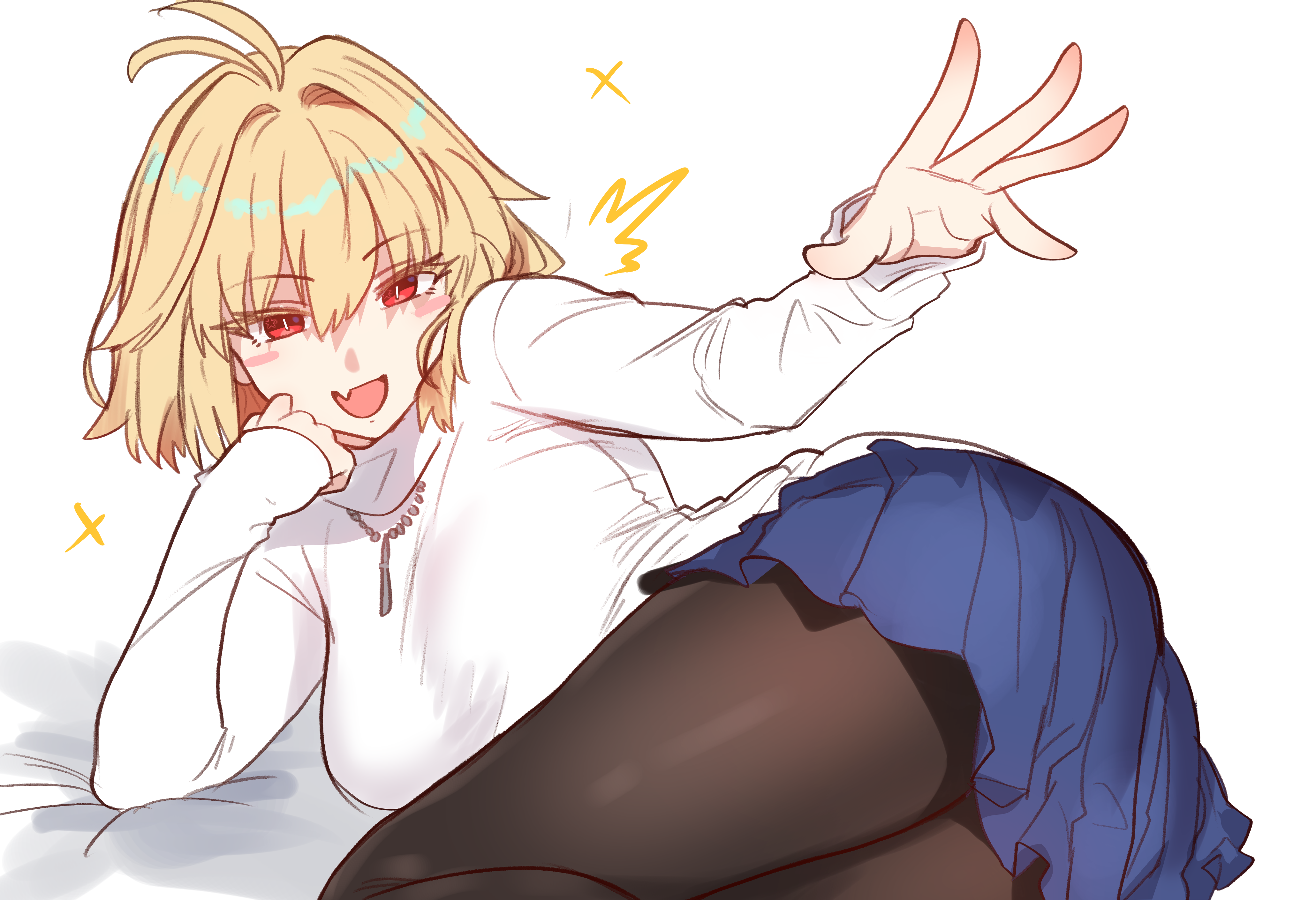 ebora, arcueid brunestud, tsukihime, tsukihime (remake), absurdres, bad link, highres, 1girl, arm support, ass, blonde hair, blue skirt, blush, breasts, hair intakes, large breasts, long sleeves, looking at viewer, lying, on side, outstretched hand, pantyhose, red eyes, short hair, skirt, smile, solo, sweater, white sweater