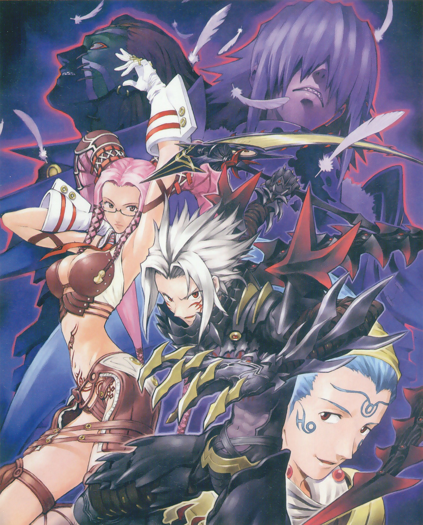 kuhn, pai, sadamoto yoshiyuki, azure balmung, azure orca, haseo, haseo (.hack//), kuhn (.hack//), pi (.hack//), .hack//, .hack//g.u., bandai, cyber connect 2, silver hair, highres, 00s, 1girl, 4boys, armor, armpits, blue hair, breasts, claws, cleavage, colored skin, facial mark, feathers, glasses, gloves, green skin, grey eyes, hair over eyes, large breasts, long hair, midriff, multiple boys, pink hair, red eyes, scythe, smile, spiked hair, tattoo, twintails, very long hair