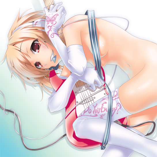 nilitsu, ann (nilitsu), original, 1girl, blonde hair, elbow gloves, female focus, gloves, guitar, headphones, instrument, mouth hold, nude, short hair, solo, thighhighs, white thighhighs