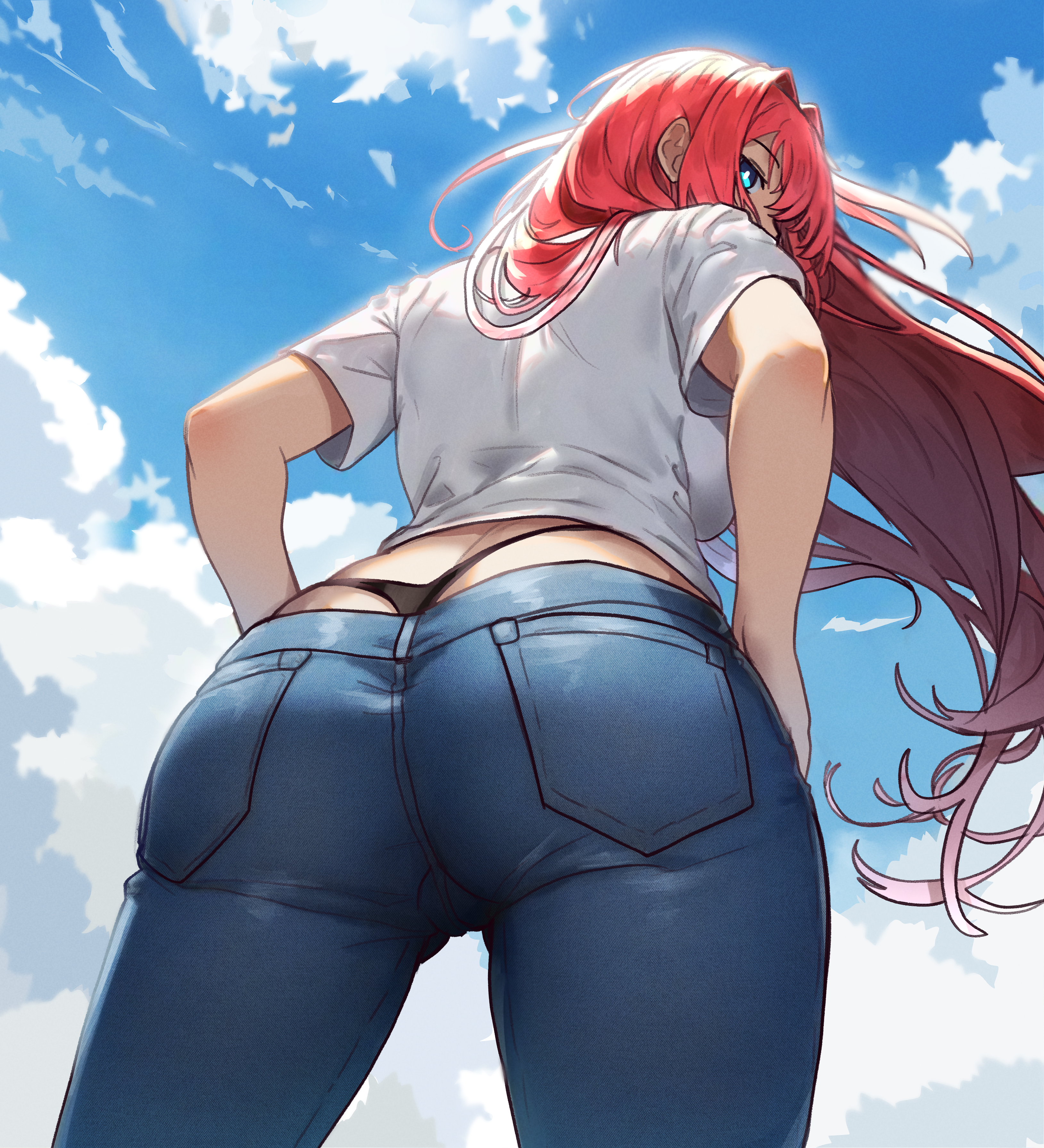 ebora, aozaki aoko, tsukihime, absurdres, bad link, highres, 1girl, ass, ass focus, back, backboob, black panties, blue eyes, blue pants, blue sky, breasts, cloud, denim, floating hair, from behind, from below, hair intakes, hands on own hips, jeans, large breasts, long hair, looking at viewer, looking back, panties, pants, pocket, red hair, shirt, short sleeves, sky, solo, t-shirt, thighs, thong, tight clothes, tight pants, underwear, up sleeve, whale tail (clothing), white shirt