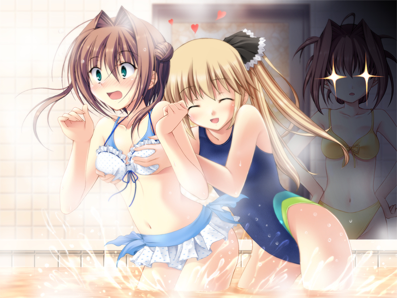 tanihara natsuki, asakura otome, asakura yume, yoshino sakura, da capo, da capo ii, game cg, 00s, 3girls, bath, bikini, blonde hair, breasts, brown hair, closed eyes, frilled bikini, frills, grabbing another's breast, green eyes, groping, heart, large breasts, long hair, multiple girls, one-piece swimsuit, open mouth, sparkle, sparks, swimsuit, twintails, water, wet