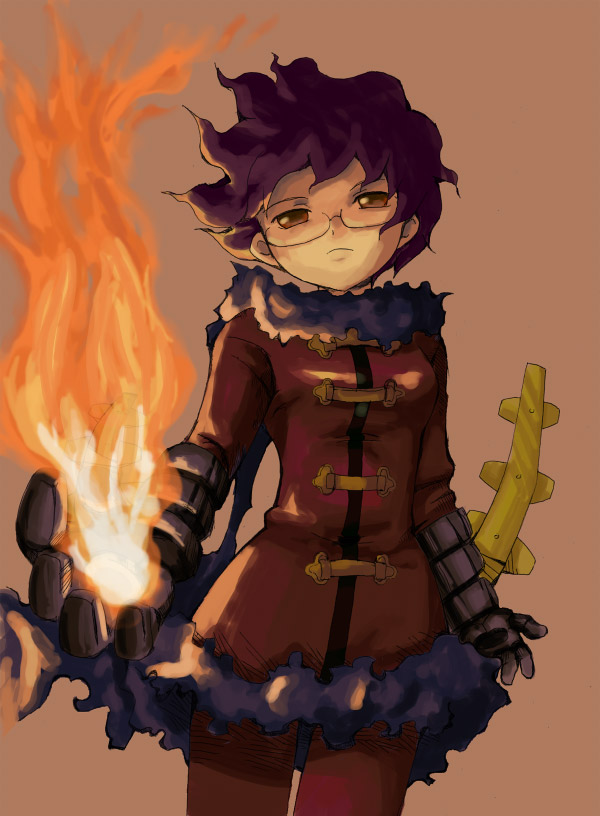 yanagihara tantoui, alchemist (sekaiju), alchemist 2 (sekaiju), atlus, etrian odyssey, alchemist, element bender, fire, frown, glasses, gloves, purple hair, short hair, solo