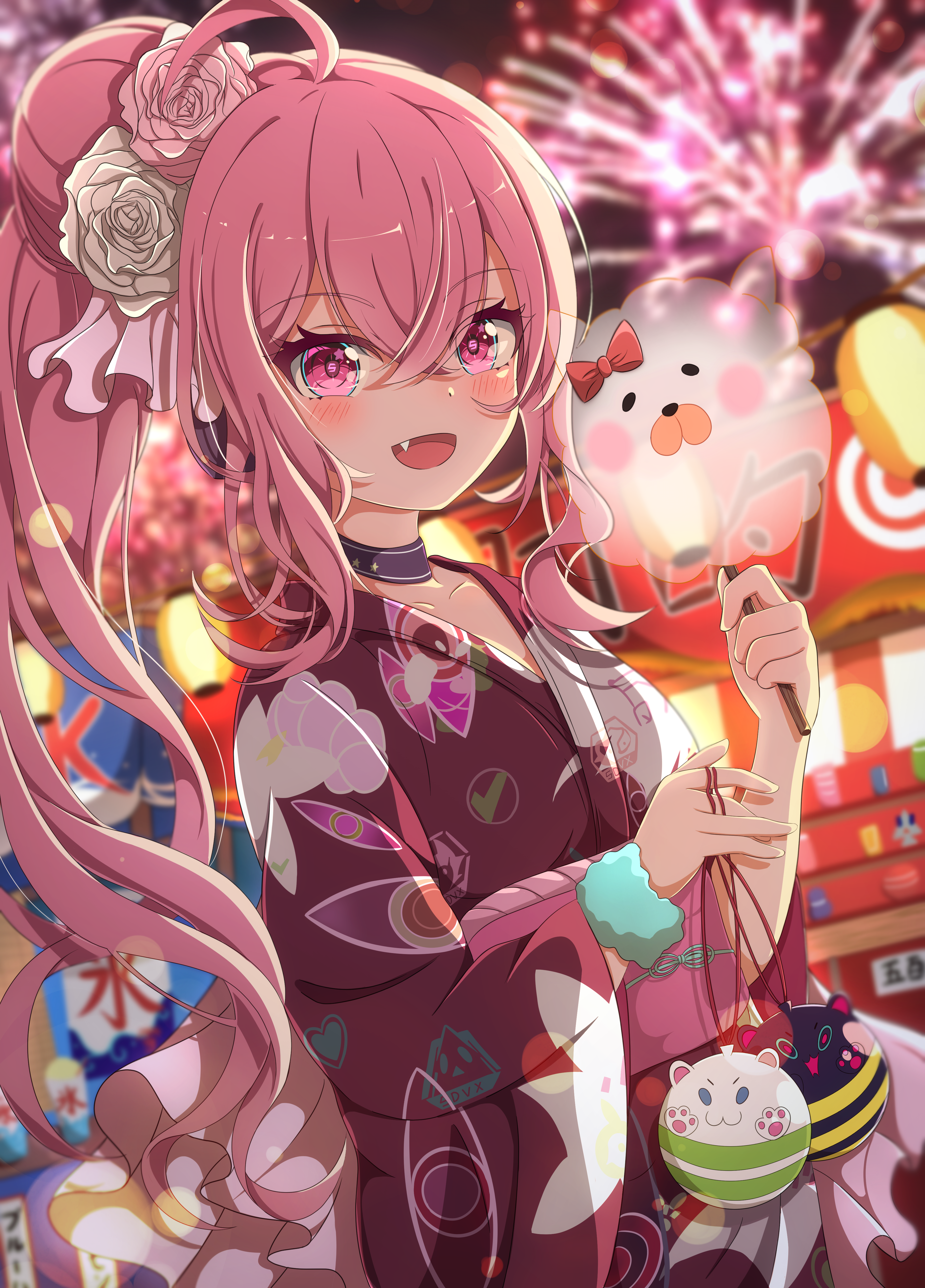 lida vv, grace (sound voltex), bemani, sound voltex, absurdres, highres, 1girl, :d, ahoge, bag, black choker, blurry, blurry background, blush, choker, depth of field, fang, festival, fireworks, floral print, flower, hair between eyes, hair flower, hair ornament, holding, japanese clothes, kimono, long hair, long sleeves, looking at viewer, open mouth, pink eyes, pink hair, ponytail, rose, sidelocks, smile, stuffed toy, summer, wide sleeves, yukata