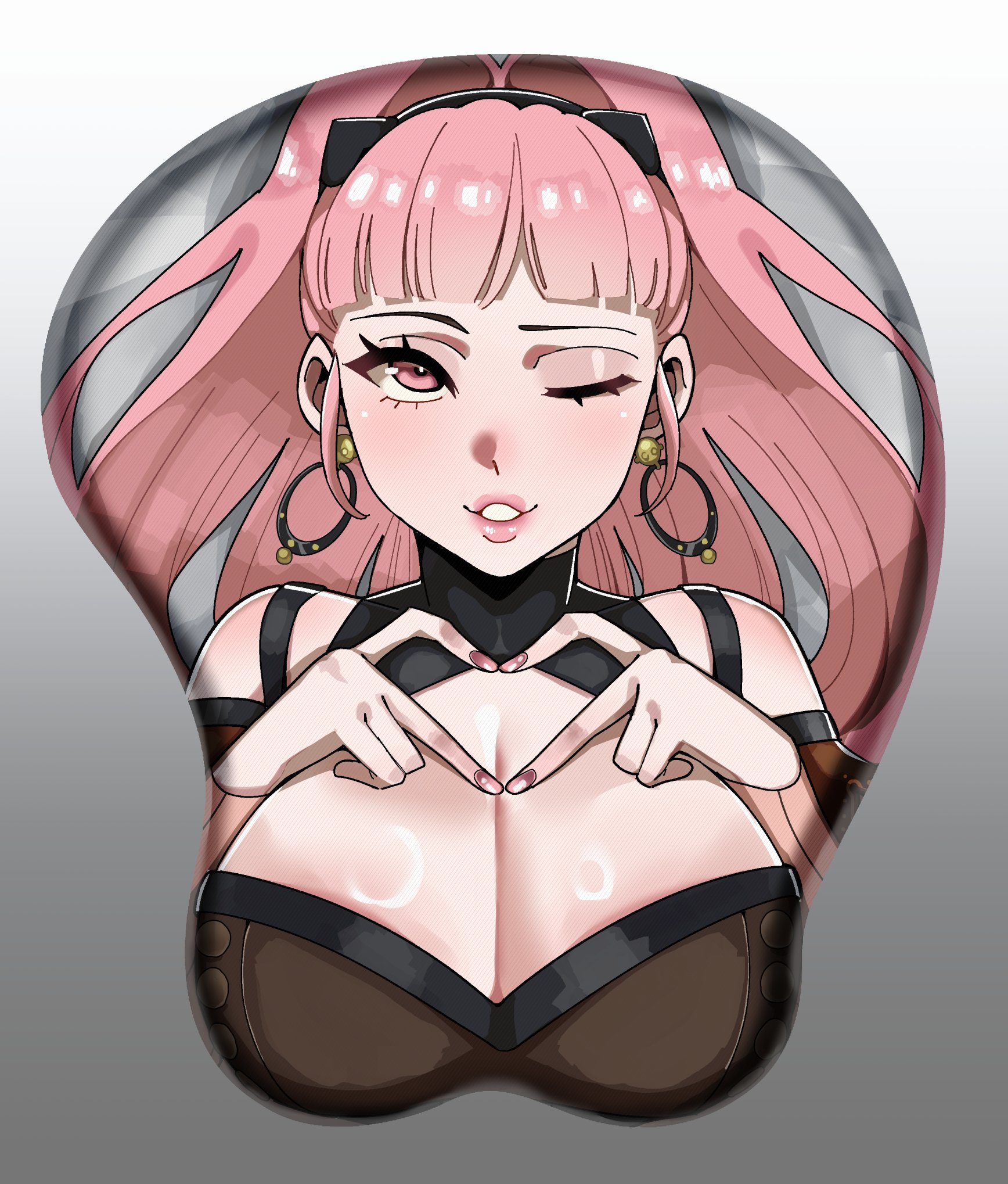 ceroccb, hilda valentine goneril, fire emblem, fire emblem: three houses, nintendo, 1girl, breasts, cleavage, earrings, jewelry, large breasts, long hair, mousepad (object), one eye closed, pink eyes, pink hair, solo