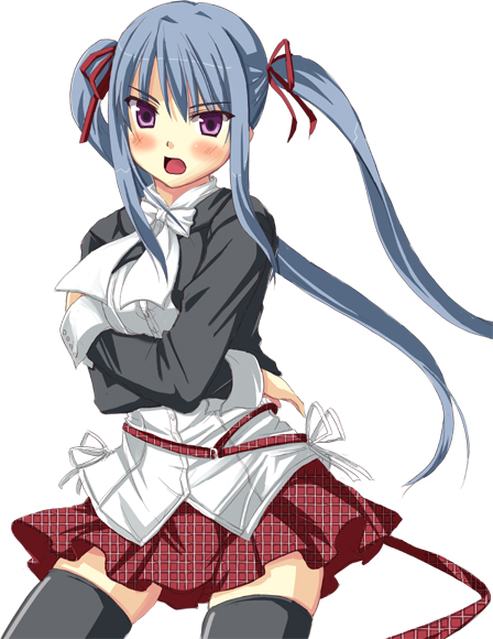 nekonote (nekono paraiso), amatsuka tsurara, baby princess, 10s, 1girl, angry, black thighhighs, blue hair, blush, bow, covering privates, crossed arms, female focus, hair ribbon, long hair, open mouth, plaid clothes, plaid skirt, purple eyes, ribbon, simple background, skirt, solo, thighhighs, twintails, zettai ryouiki