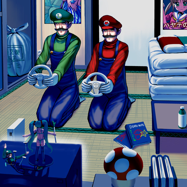 kouno (masao), hatsune miku, luigi, mario, sanzen'in nagi, death note, hayate no gotoku!, mario (series), mario kart, mario kart wii, nintendo, super mario bros. 1, vocaloid, 00s, 2boys, brothers, cameo, death note (object), facial hair, figure, game console, hat, male focus, multiple boys, mushroom, mustache, playing games, seiza, siblings, sitting, video game, what, wii