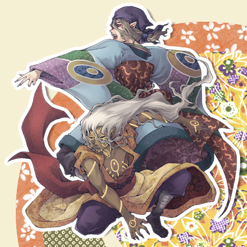 watase, kusuriuri (mononoke), kusuriuri (shingi) (mononoke), mononoke, lowres, 00s, 2boys, bandana, blonde hair, blue eyes, bodypaint, bow, dark-skinned male, dark skin, demon form, dual persona, durag, facepaint, facial mark, hair tie, japanese clothes, kimono, long hair, makeup, male focus, multiple boys, nail polish, obi, open mouth, pointy ears, sash, very long hair, white hair, wind