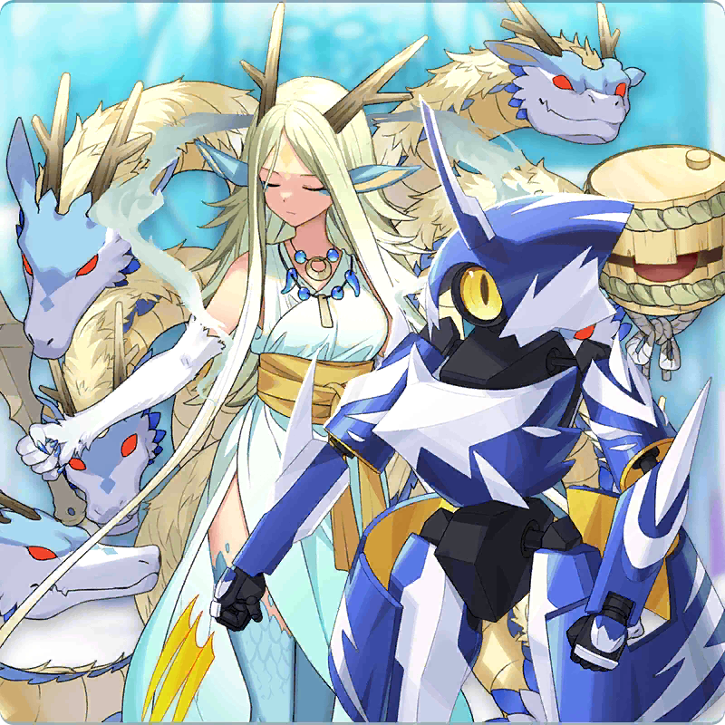 henger (monster farm), kyuubi (monster farm), line: monster farm, monster farm, official art, animal ears, blonde hair, closed eyes, horns, japanese clothes, kimono, lycanthroid (monster farm), monster girl, multiple heads, orochi (monster farm), robot, scales, yamata no orochi