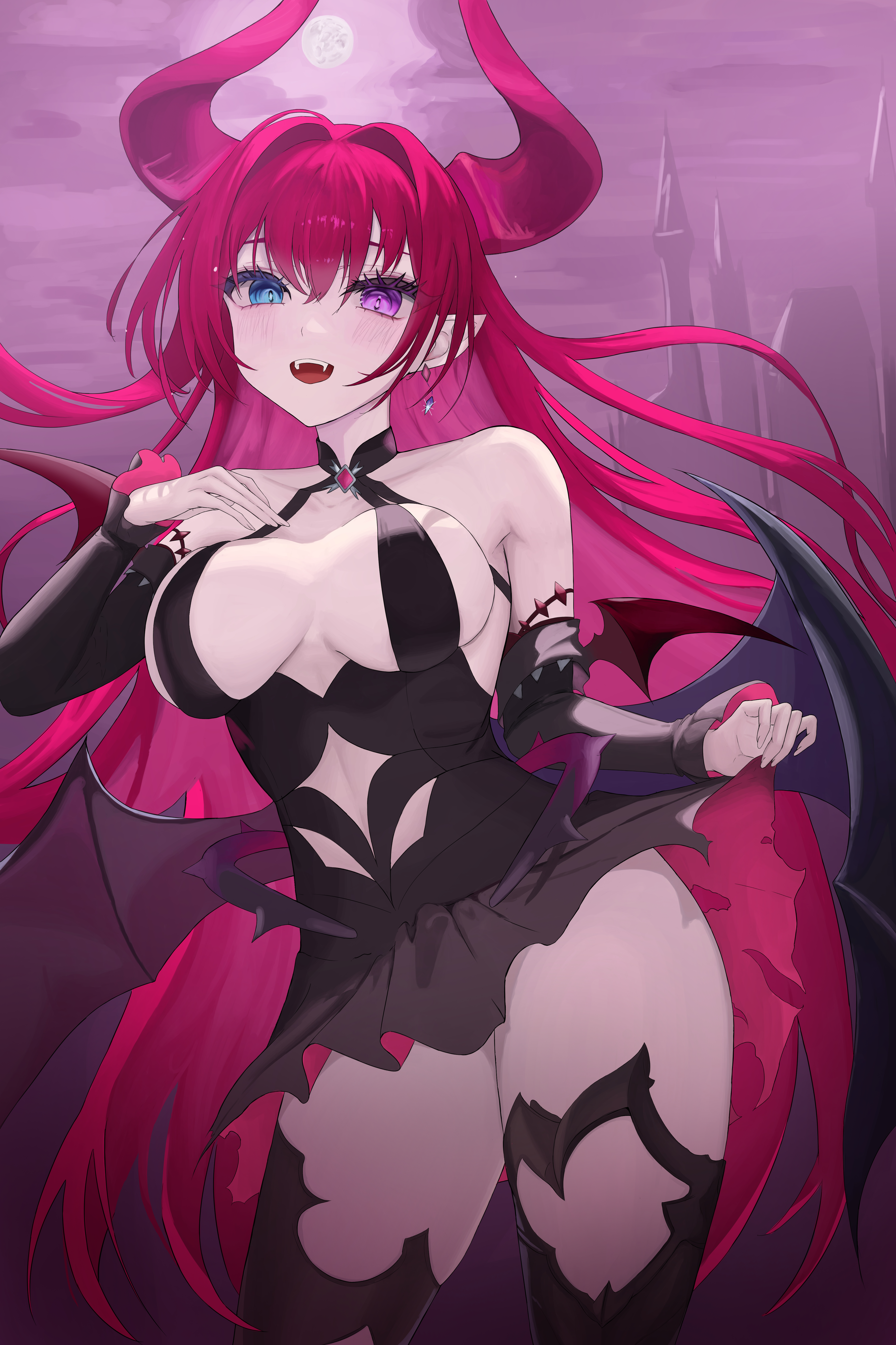 kultya7480, mecklenburg (azur lane), azur lane, absurdres, highres, 1girl, bare shoulders, black dress, blue eyes, blush, breasts, center opening, demon girl, demon horns, demon wings, detached sleeves, dress, earrings, fangs, from below, full moon, hair between eyes, hand on own chest, hand up, heterochromia, hip focus, horns, jewelry, leaning to the side, long hair, looking at viewer, looking down, medium breasts, moon, pink hair, purple eyes, short dress, simple background, slit pupils, solo, thighs, very long hair, wings