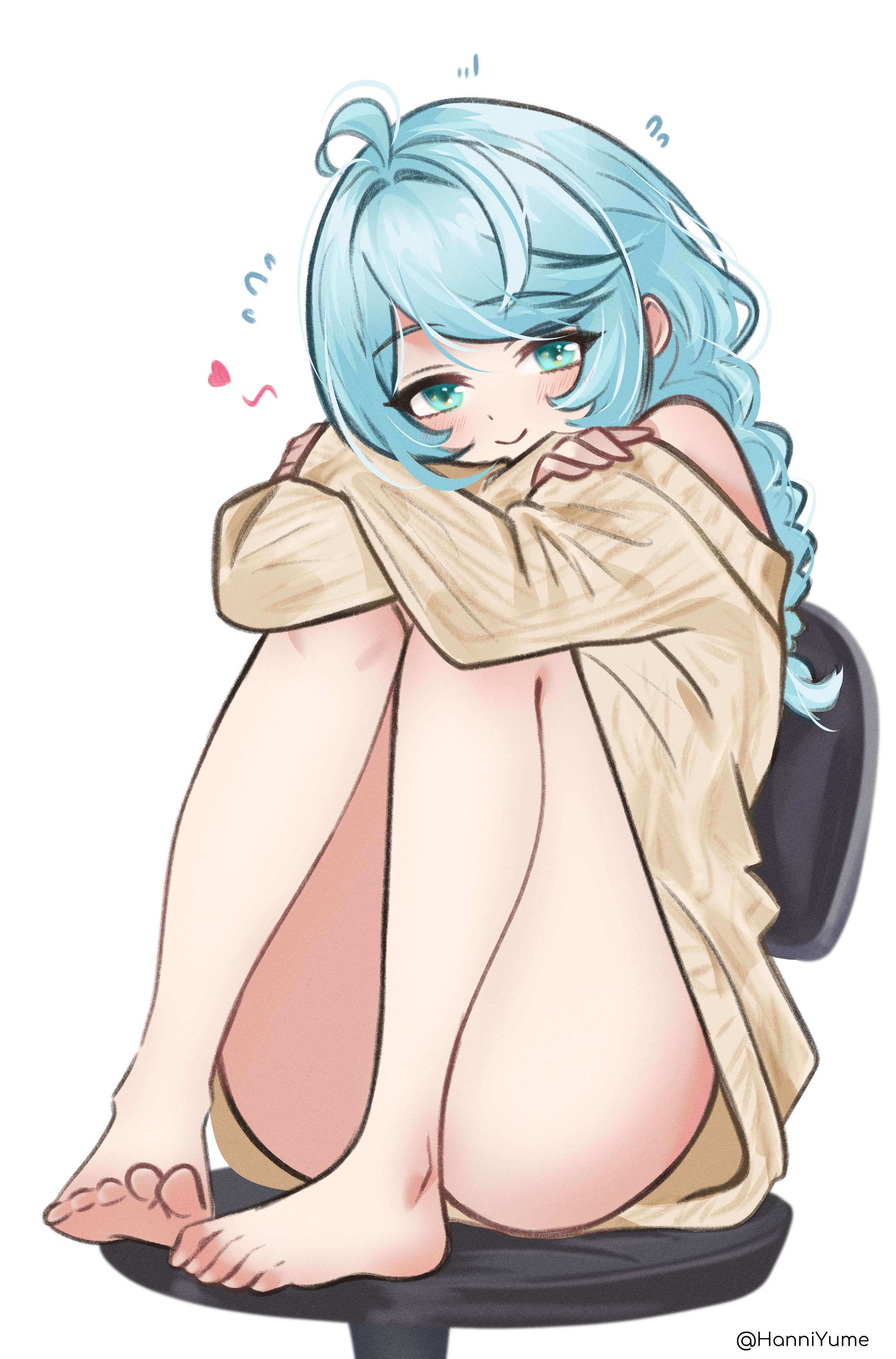 daria (user hktv8452), seed (zenless zone zero), zenless zone zero, absurdres, highres, 1girl, bare shoulders, barefoot, blue eyes, blue hair, blush, chair, closed mouth, crossed arms, feet, heart, looking at viewer, ponytail, signature, sitting, smile, solo, thighs, white background