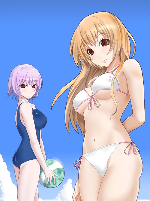 chemical-x, ayane (doa), kasumi (doa), dead or alive, tecmo, 2girls, ball, bikini, breasts, brown eyes, brown hair, day, long hair, multiple girls, one-piece swimsuit, purple hair, school swimsuit, short hair, siblings, side-tie bikini bottom, sisters, sky, swimsuit, volleyball, volleyball (object)