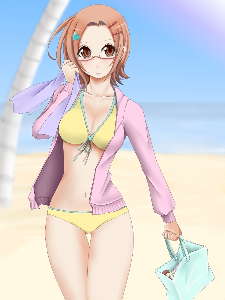 chemical-x, uehara miyako, pani poni dash!, 00s, 1girl, bag, beach, bikini, brown eyes, brown hair, day, female focus, glasses, hair ornament, hairclip, jacket, short hair, solo, swimsuit, yellow bikini
