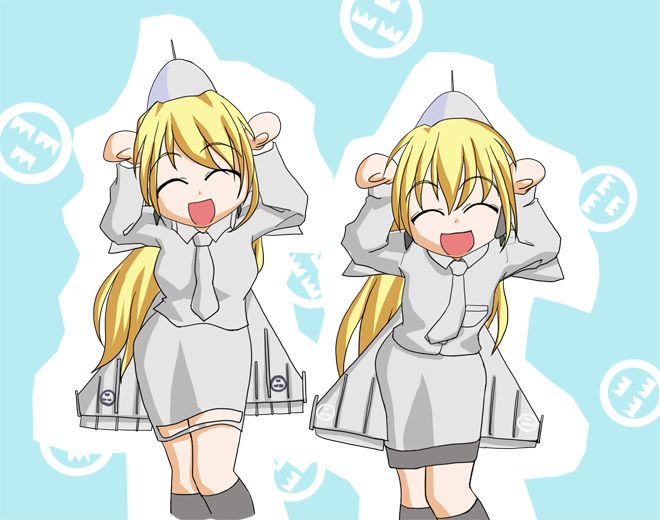 suzuno kisara, suzushino kisara, saab gripen, saab viggen, jet, 2girls, aircraft, airplane, blonde hair, caramelldansen, mecha musume, military, multiple girls