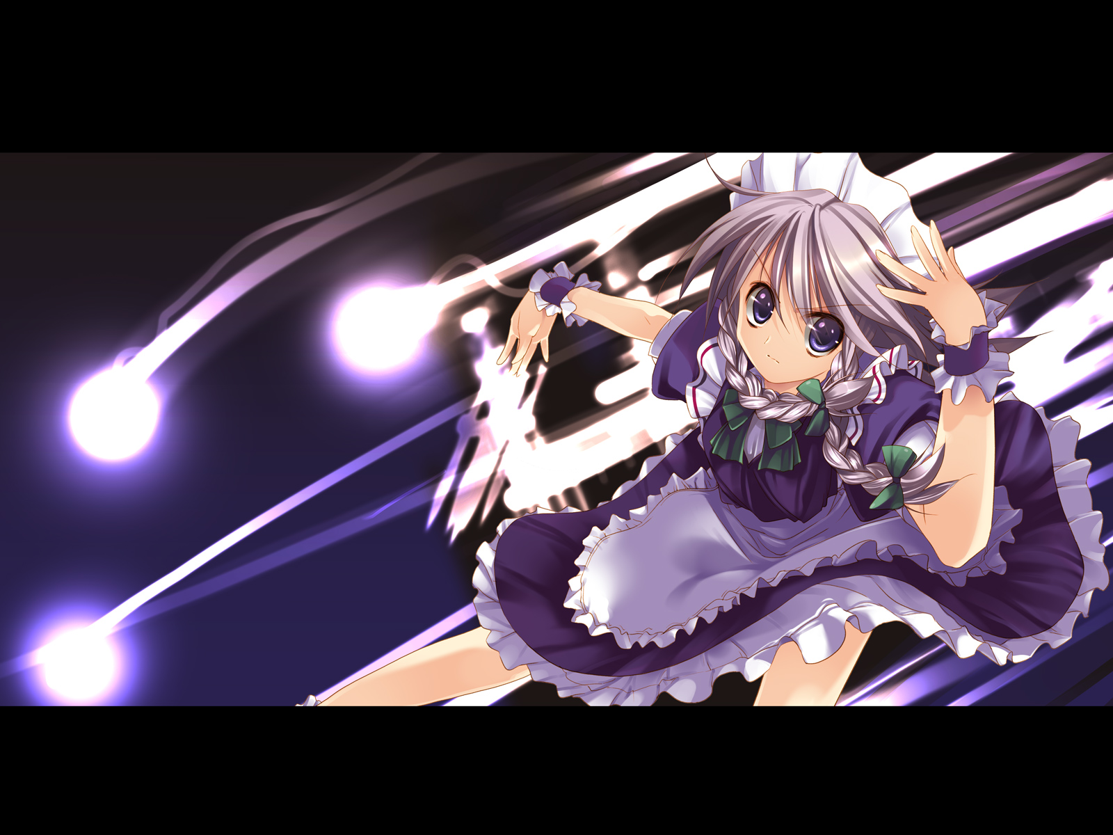 arikawa satoru, izayoi sakuya, touhou, silver hair, highres, 1girl, blue eyes, bonnet, braid, female focus, hair ribbon, letterboxed, maid, ribbon, solo, twin braids, wristband