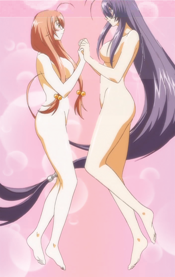 kan'u unchou, ryuubi gentoku, ikkitousen, anime screenshot, non-web source, 00s, 2girls, absurdly long hair, ahoge, barefoot, blue hair, breasts, brown hair, glasses, long hair, low-tied long hair, multiple girls, nude, very long hair, yuri