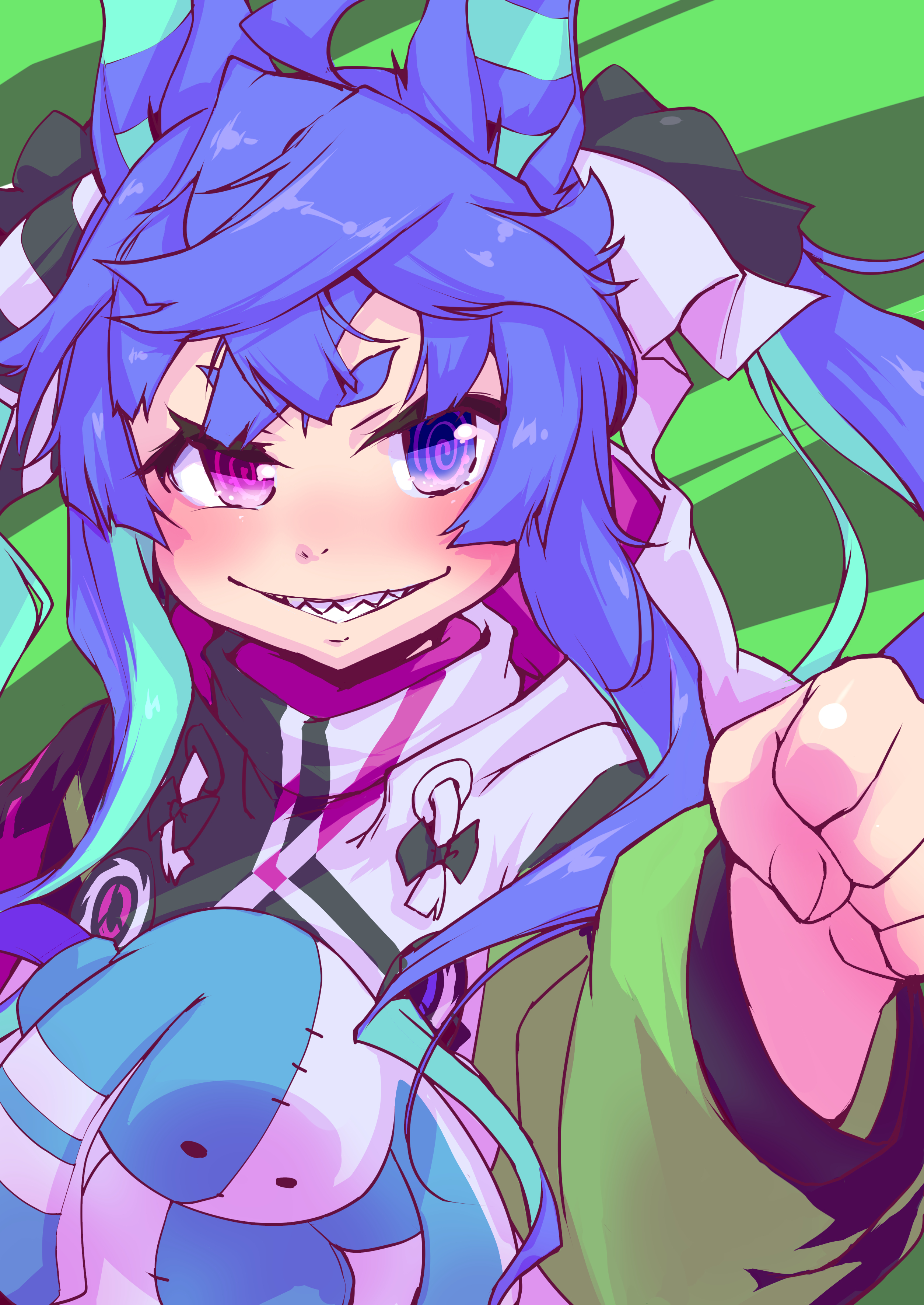 banubeefriends, twin turbo (umamusume), umamusume, absurdres, highres, 1girl, @ @, ahoge, animal ears, aqua hair, blue eyes, blue hair, blush, bow, clenched hand, crossed bangs, drawstring, green background, grin, hair bow, heterochromia, hood, hoodie, horse ears, horse girl, incoming fist bump, long hair, long sleeves, multicolored hair, multiple hair bows, portrait, purple eyes, sharp teeth, short eyebrows, sidelocks, smile, solo, striped background, stuffed animal, stuffed rabbit, stuffed toy, teeth, twintails, two-tone hair