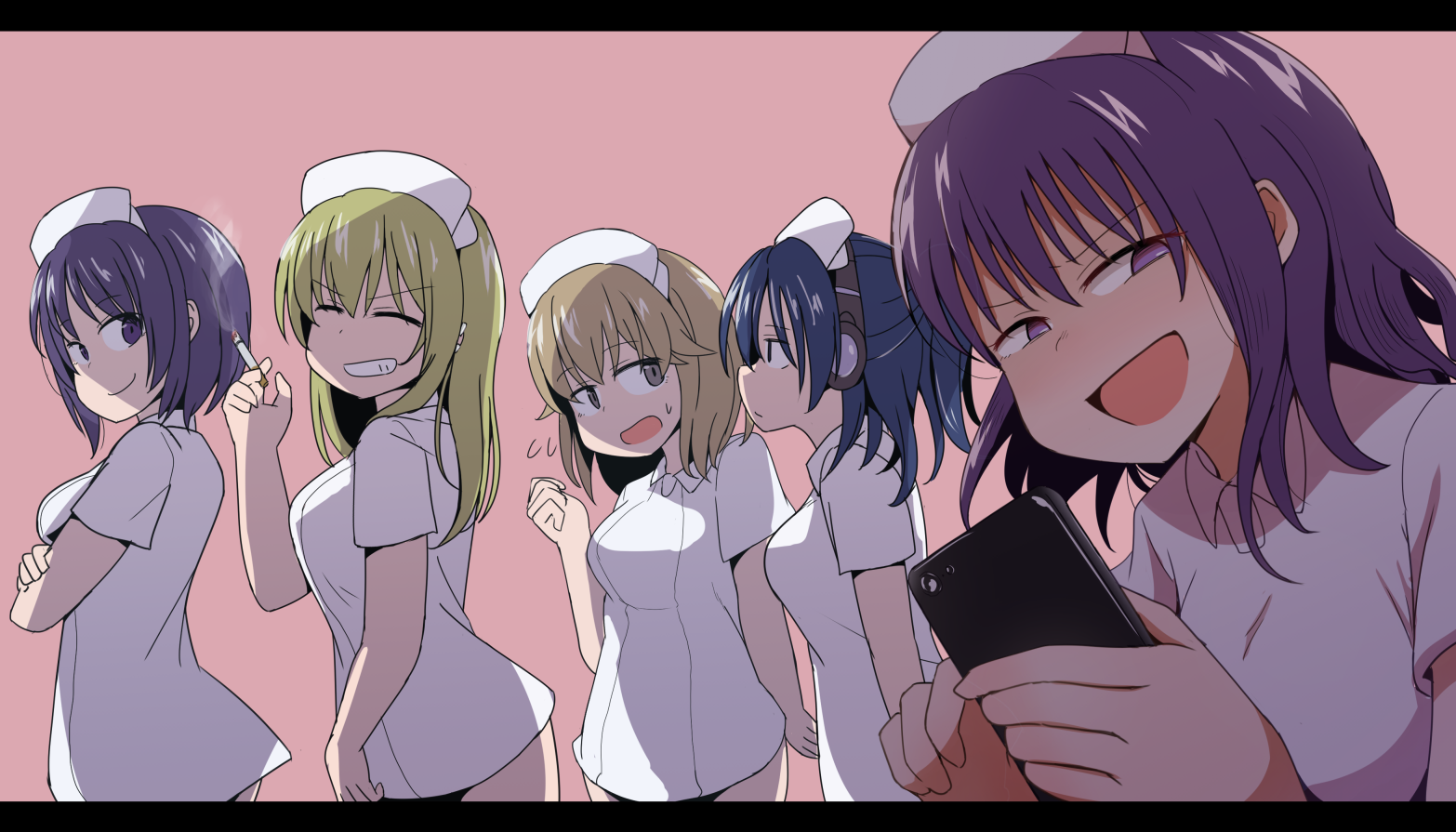 houtei kara, hiramatsu (sakusei byoutou), kurokawa (sakusei byoutou), mochizuki (sakusei byoutou), tachibana (sakusei byoutou), yamaguchi (sakusei byoutou), sakusei byoutou, translation request, 5girls, blonde hair, blue hair, cellphone, hat, headphones, iphone, long hair, multiple girls, nurse cap, phone, purple hair, short hair, smartphone