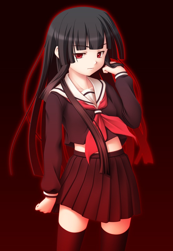 nekomori, enma ai, jigoku shoujo, 00s, 1girl, black hair, black serafuku, blunt bangs, female focus, hime cut, long hair, red eyes, school uniform, serafuku, skirt, solo, thighhighs, zettai ryouiki