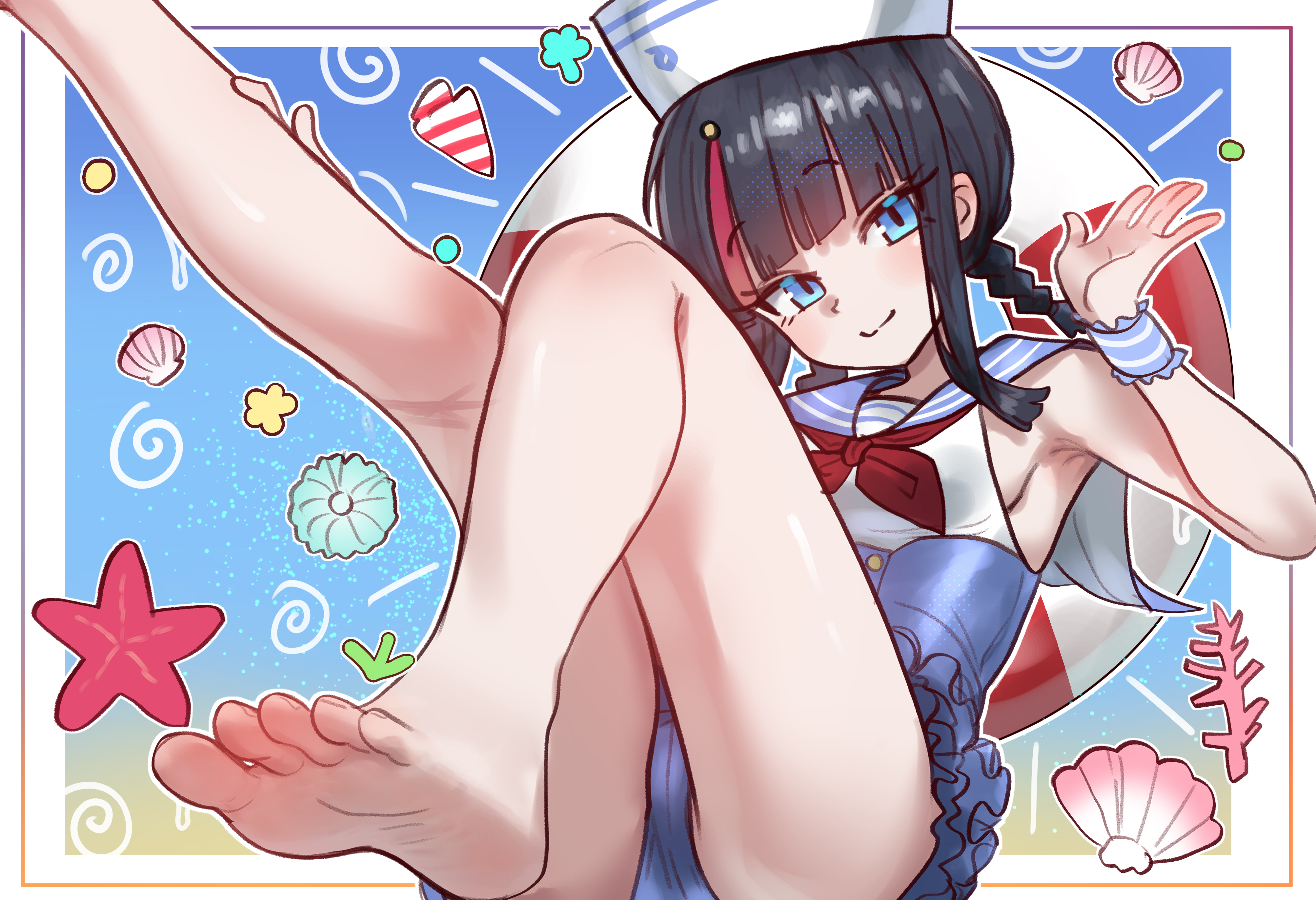 utsumi erice, utsumi erice (swimsuit avenger) (second ascension), fate/grand order, fate (series), absurdres, bad link, highres, 1girl, bare shoulders, barefoot, black hair, blue eyes, blue sailor collar, blue skirt, blush, braid, breasts, feet, hat, legs, looking at viewer, low twin braids, medium breasts, medium hair, multicolored hair, one-piece swimsuit, pink hair, sailor collar, sailor hat, seashell, shell, sidelocks, skirt, smile, solo, streaked hair, swimsuit, thighs, twin braids, white hat, white one-piece swimsuit