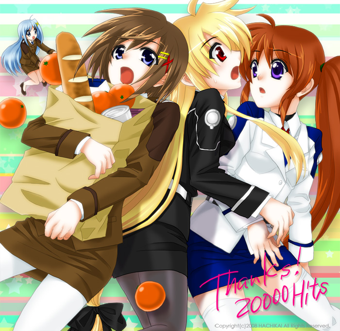 hachi (hachikai), fate testarossa, reinforce zwei, takamachi nanoha, yagami hayate, lyrical nanoha, mahou shoujo lyrical nanoha, mahou shoujo lyrical nanoha strikers, 00s, 2008, 4girls, blonde hair, blue eyes, blue hair, blush, brown hair, circle name, groceries, hair ornament, long hair, low-tied long hair, milestone celebration, military, military uniform, mini person, minigirl, miniskirt, multiple girls, pantyhose, pencil skirt, ponytail, purple eyes, red eyes, red hair, short hair, side ponytail, skirt, thighhighs, white pantyhose, x hair ornament, zettai ryouiki