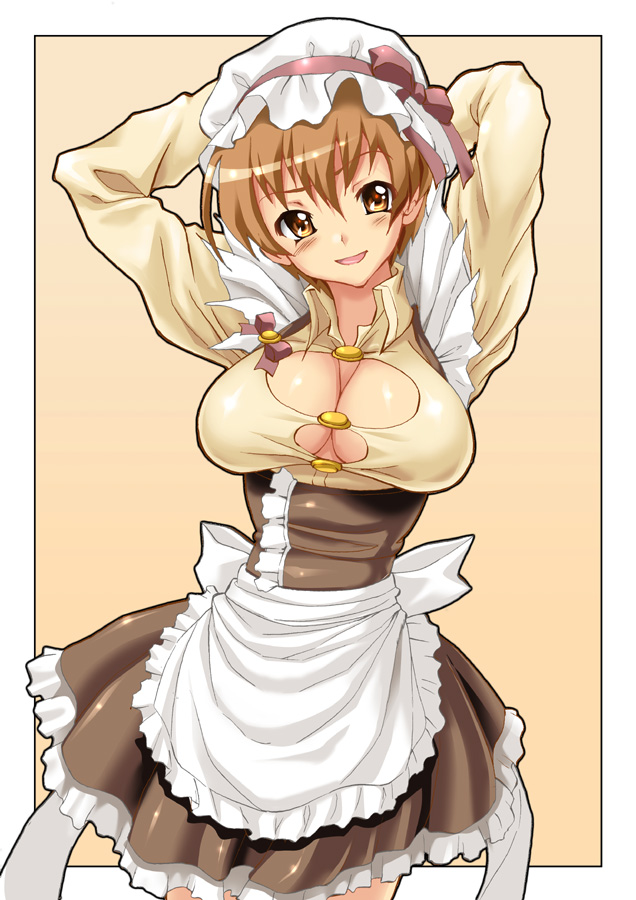 shiruko (inosin), original, 1girl, apron, arm behind head, arms up, blush, breasts, brown eyes, brown hair, bursting breasts, cleavage, cowboy shot, cropped legs, dress, female focus, frilled dress, frills, hat, head tilt, large breasts, long sleeves, looking at viewer, maid, maid apron, mob cap, open mouth, outside border, shirt, short hair, solo