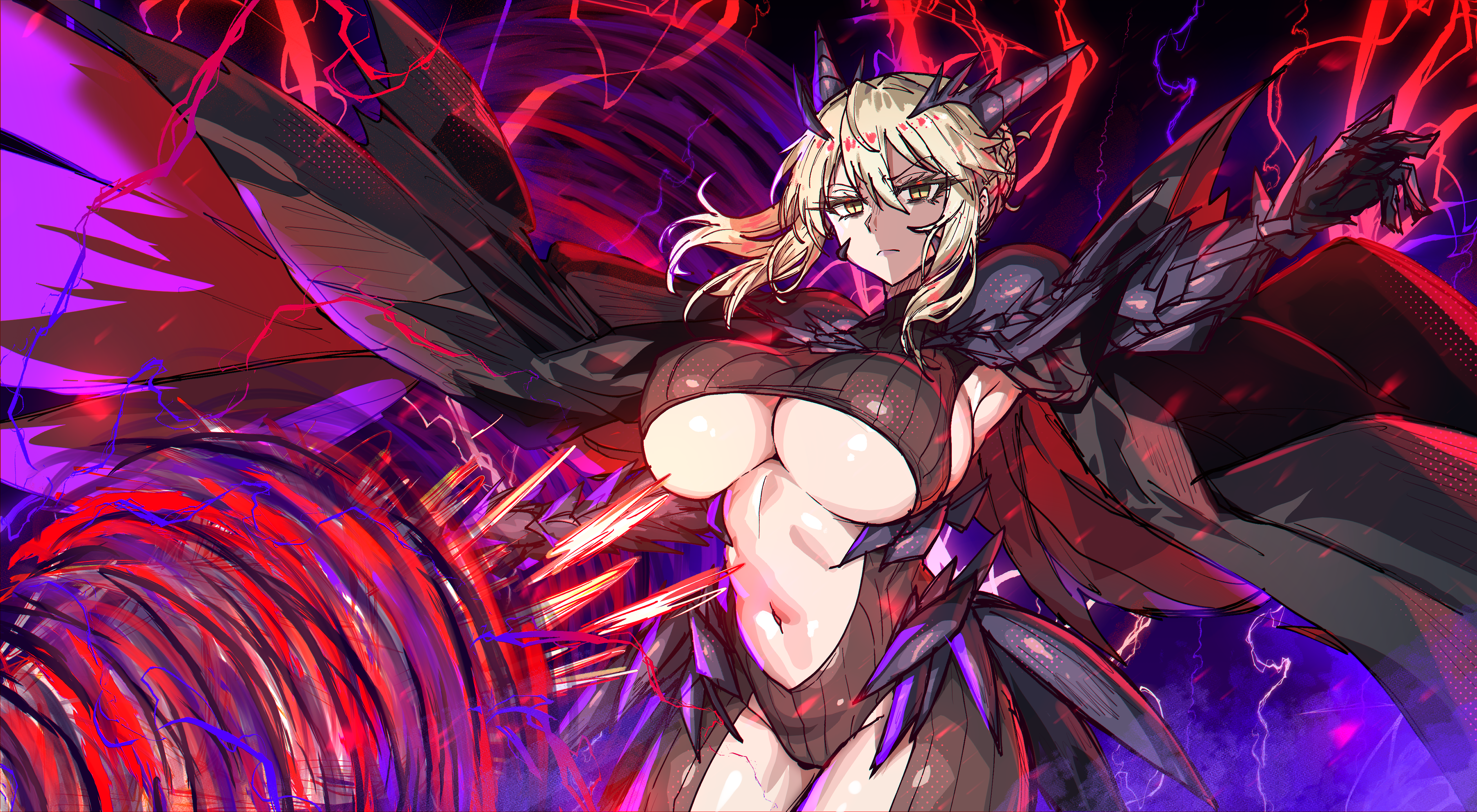 ebora, artoria pendragon (fate), artoria pendragon (lancer alter) (fate), dark rhongomyniad (fate), fate/grand order, fate (series), absurdres, bad link, highres, 1girl, armor, black bodysuit, blonde hair, bodysuit, braid, breasts, cape, center opening, cleavage, faulds, gauntlets, horns, lance, large breasts, long hair, looking at viewer, navel, polearm, ribbed bodysuit, sidelocks, solo, underboob, weapon, yellow eyes