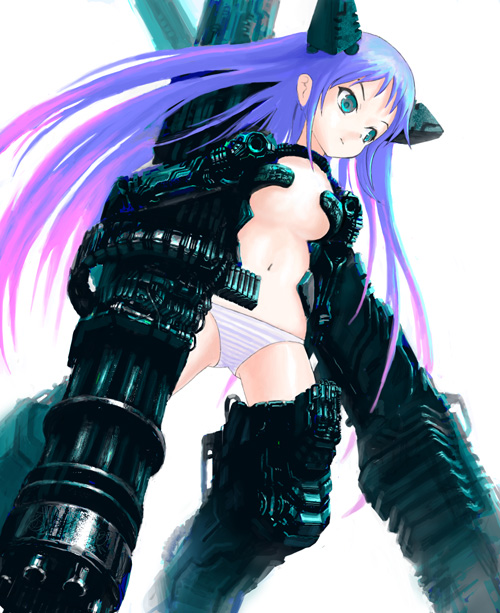denki, original, bad id, bad pixiv id, 1girl, female focus, gun, mecha musume, panties, revealing clothes, solo, striped clothes, striped panties, underwear, weapon
