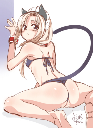 yoshihara maito, original, lowres, 1girl, :<, against wall, animal ears, ass, back, barefoot, bikini, blonde hair, blue eyes, blush, breasts, cat ears, cat tail, cleft of venus, fake animal ears, fake tail, fat mons, feet, female focus, flat chest, from behind, kneeling, leaning forward, long hair, looking back, maid headdress, partially visible vulva, sketch, small breasts, soles, solo, swimsuit, tail, thong bikini, uncensored, underboob, wedgie, wristband