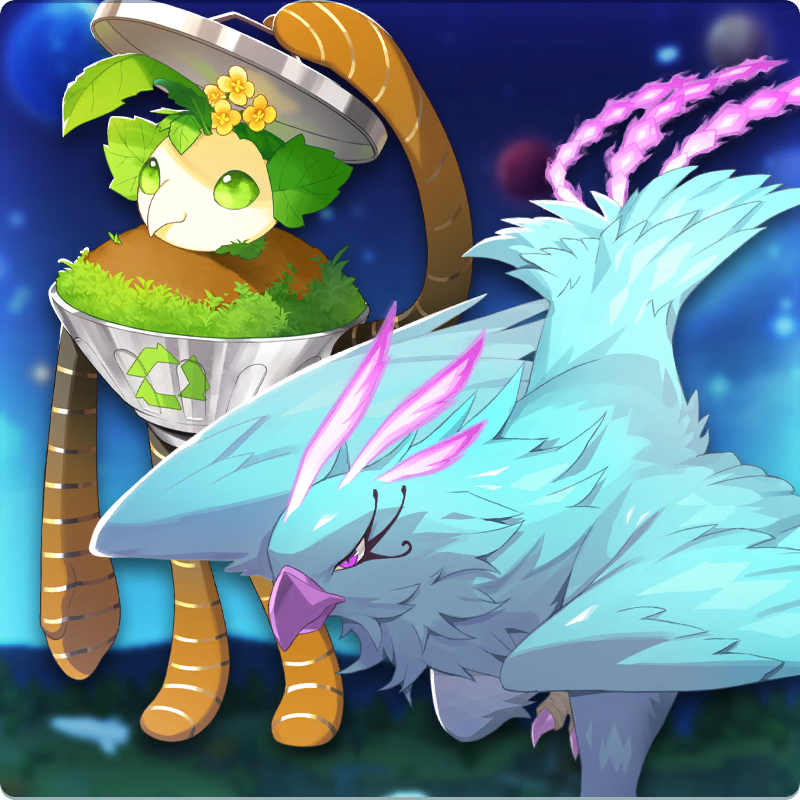 line: monster farm, monster farm, official art, bird, blizzardy (monster farm), flower, metalner (monster farm), monster, phoenix, phoenix (monster farm), setaruna (monster farm), trash can