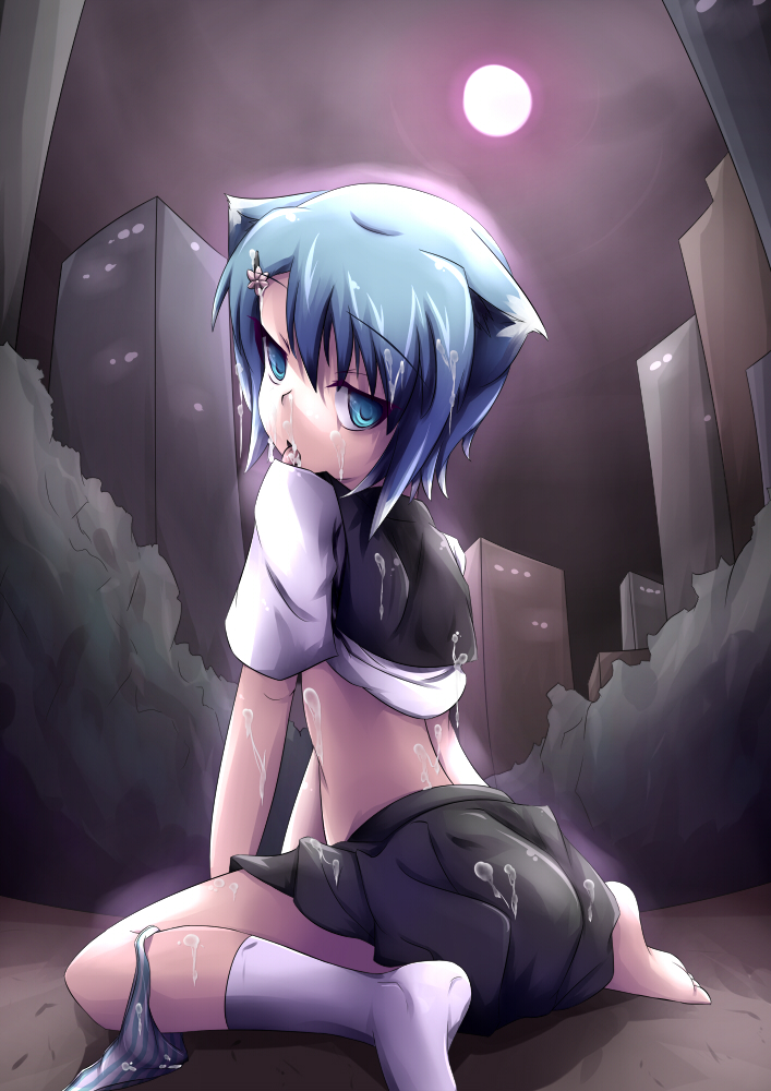 ast exception, fuyutsuki asuto, yukina (fuyutsuki asuto), original, 1girl, animal ears, cat ears, cum, female focus, moon, panties, panties around leg, school uniform, serafuku, solo, striped clothes, striped panties, underwear