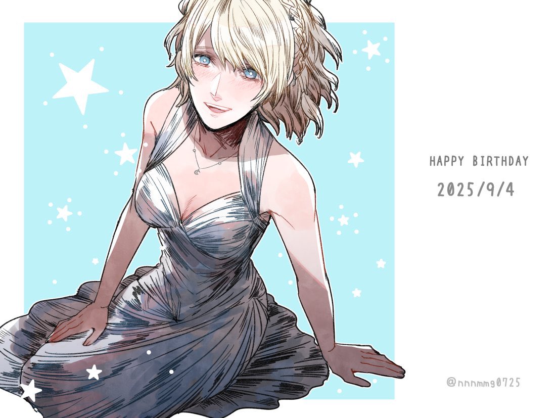nnnmmg0725, lunafreya nox fleuret, final fantasy, final fantasy xv, commentary request, 1girl, arm support, bare arms, bare shoulders, birthday, blonde hair, blue eyes, braid, breasts, cleavage, collarbone, crown braid, dated, dress, happy birthday, jewelry, long dress, medium breasts, necklace, open mouth, sitting, sleeveless, sleeveless dress, solo, star (symbol), teeth, twitter username, upper teeth only, white dress, yokozuwari