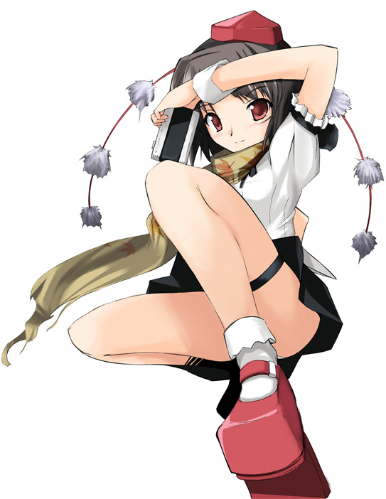 shameimaru aya, touhou, 1girl, black hair, camera, female focus, geta, hat, looking at viewer, red eyes, scarf, short hair, skirt, solo, tengu-geta, wristband