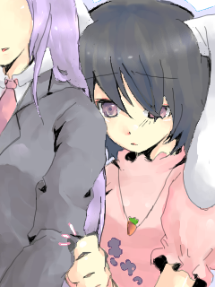 asa natsume, inaba tewi, reisen udongein inaba, touhou, lossy-lossless, lowres, md5 mismatch, 2girls, animal ears, black hair, clothes grab, female focus, head out of frame, long hair, multiple girls, purple hair, qvga, rabbit ears, short hair