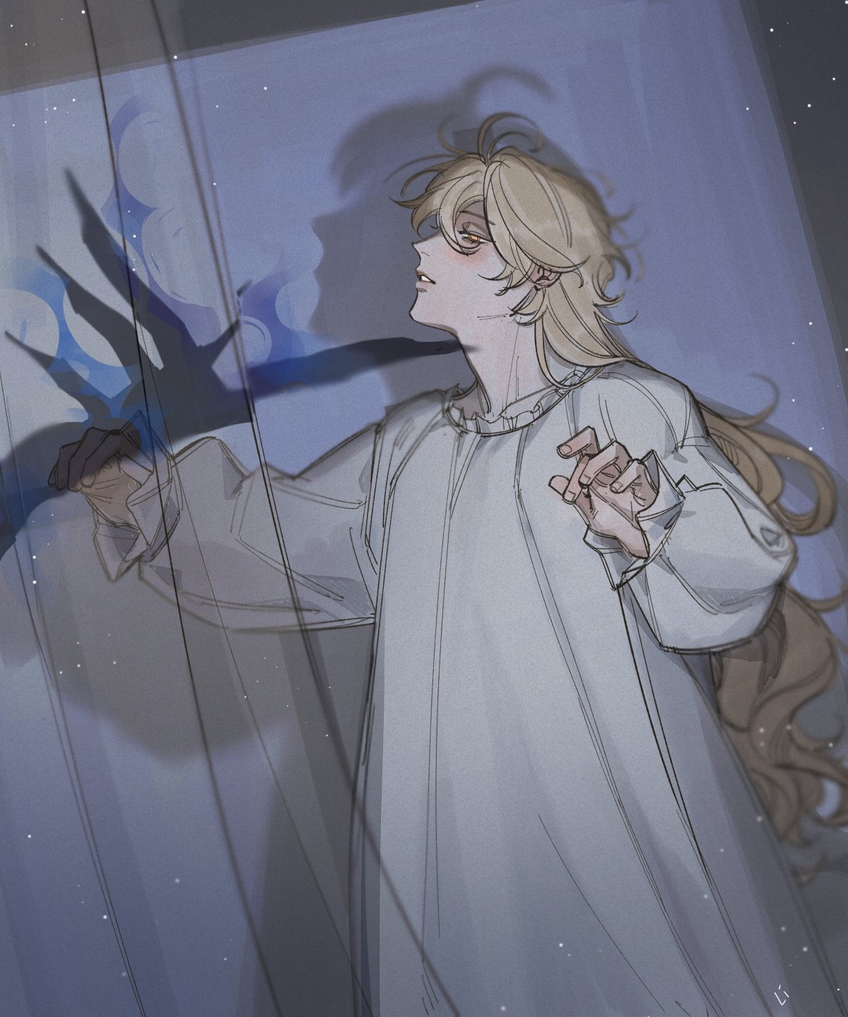aether (genshin impact), flins (genshin impact), genshin impact, commentary, english commentary, highres, 1boy, ahoge, alternate costume, blonde hair, blush, braid, chiiann, curtains, frilled sleeves, frills, from side, hair between eyes, huge ahoge, implied yaoi, light particles, long braid, long hair, long sleeves, looking down, nightgown, orange eyes, parted lips, shade, shaded face, shadow, single braid, standing, teeth, white nightgown