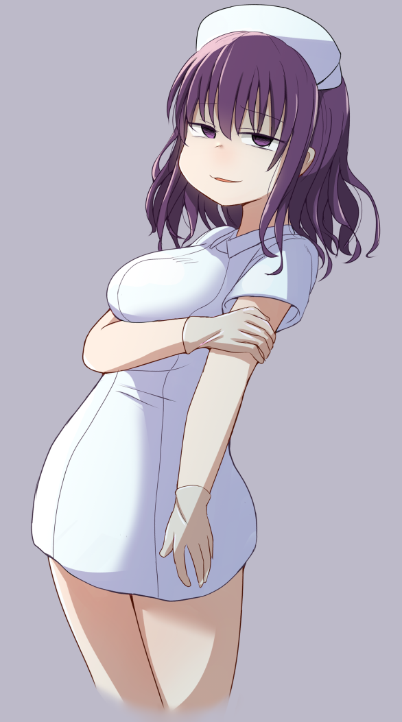 houtei kara, kurokawa (sakusei byoutou), sakusei byoutou, commentary request, 1girl, grey background, hat, messy hair, nurse cap, purple hair