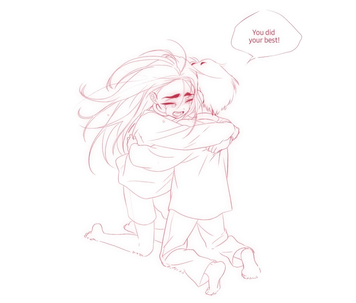 hyuna (alien stage), alien stage, 1boy, 1girl, barefoot, brother and sister, closed eyes, crying, english text, hug, hyunwoo (alien stage), kneeling, long hair, lubya, open mouth, shirt, short hair, shorts, siblings, speech bubble