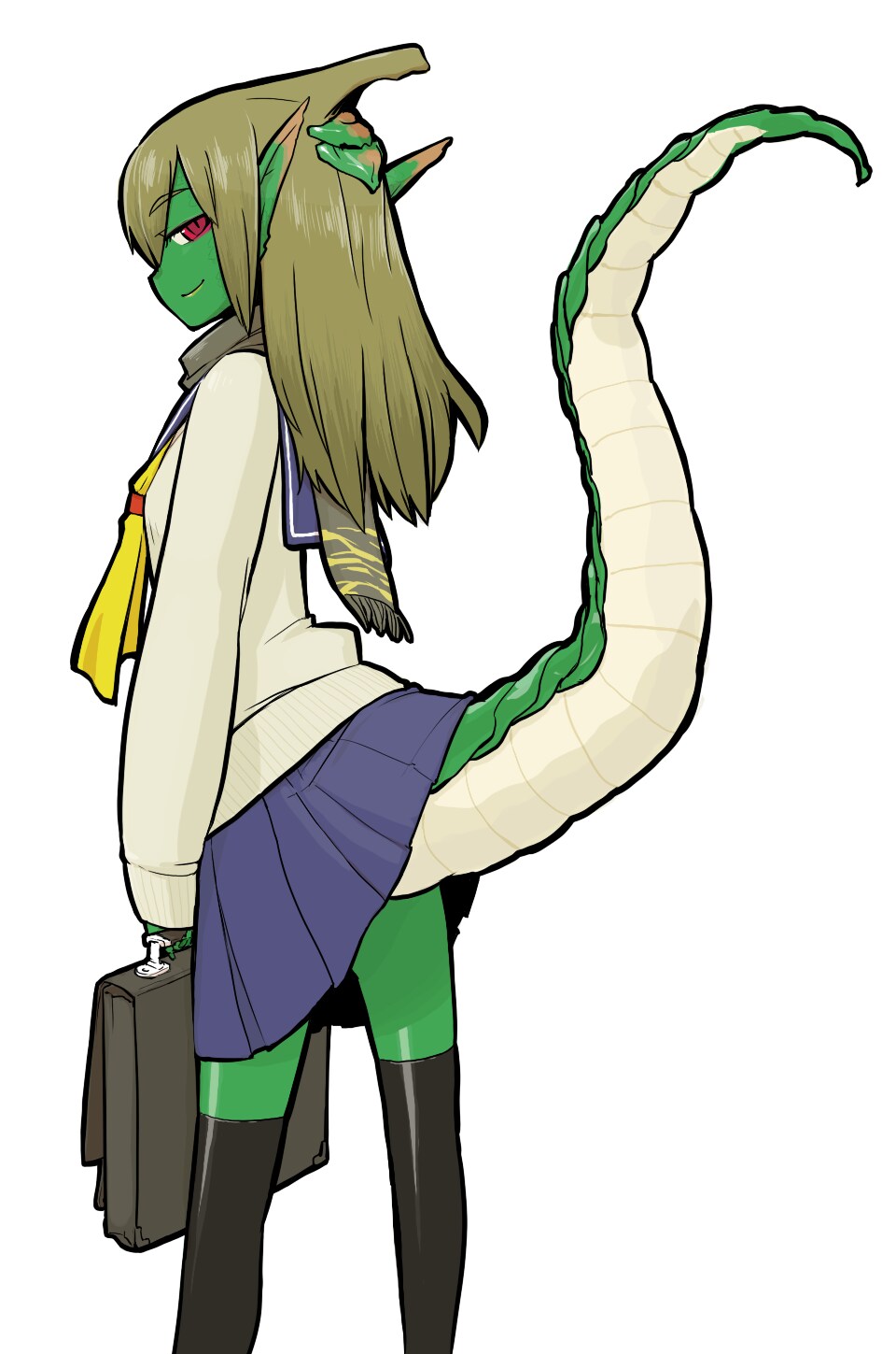 oomori harusame, ume (noraneko), ryuujin no senpai, original, bad id, bad pixiv id, highres, 1girl, brown hair, clothes lift, colored skin, dragon girl, dragon tail, female focus, green skin, lizard, long hair, monster girl, pointy ears, red eyes, scales, scarf, school uniform, serafuku, skirt, skirt lift, smile, solo, tail, thighhighs, zettai ryouiki