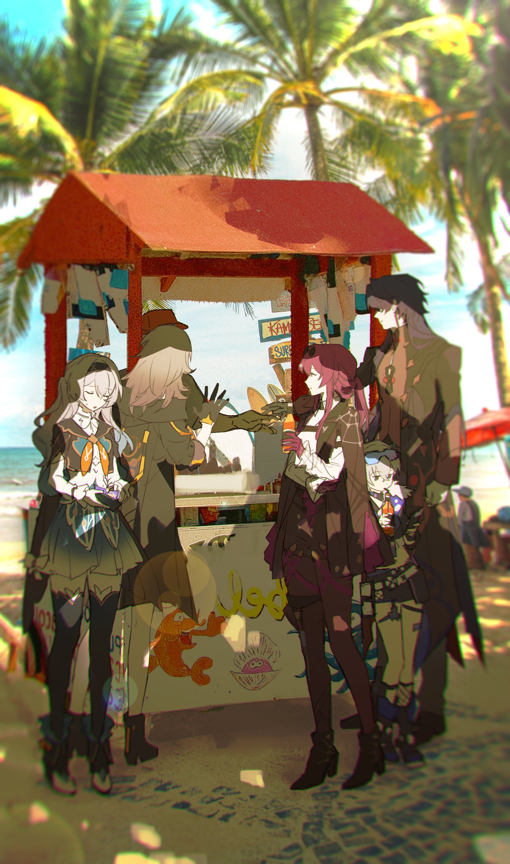 yarr, blade (honkai: star rail), firefly (honkai: star rail), kafka (honkai: star rail), silver wolf (honkai: star rail), stelle (honkai: star rail), trailblazer (honkai: star rail), honkai: star rail, honkai (series), absurdres, highres, 1boy, 3others, 4girls, back, banknote, beach, belt, black-framed eyewear, black boots, black choker, black coat, black gloves, black hairband, black jacket, black ribbon, black shoes, black shorts, black thighhighs, blue-tinted eyewear, blue dress, blue hair, blue hat, blue sky, blurry, blurry background, boots, bottle, cellphone, chinese clothes, choker, clenched hand, closed eyes, closed mouth, cloud, cloudy sky, coat, collared shirt, crossed bangs, day, dress, drink, drinking, drinking straw, earrings, eyewear on head, fishnets, food truck, full body, fur-trimmed jacket, fur trim, gloves, goggles, gradient hair, grey hair, grey pants, hair between eyes, hair over one eye, hair ribbon, hairband, half-closed eyes, hand up, hat, high-waist shorts, high heel boots, high heels, holding, holding bottle, holding money, holding phone, holding wallet, jacket, jewelry, long hair, long sleeves, looking at another, looking at phone, low ponytail, medium hair, midriff, money, multicolored hair, multiple girls, multiple others, neckerchief, open clothes, open jacket, open mouth, orange neckerchief, outdoors, palm leaf, palm tree, pants, pantyhose, phone, ponytail, puffy long sleeves, puffy sleeves, purple-tinted eyewear, purple eyes, purple hair, purple jacket, purple pantyhose, red hat, ribbon, round eyewear, sailor collar, sand, shadow, shirt, shoes, short shorts, shorts, sidelocks, single earring, sky, smartphone, smile, spider web print, standing, stellaron hunters (honkai: star rail), summer, sunglasses, thigh strap, thighhighs, tinted eyewear, tree, two-sided fabric, two-sided jacket, two-tone dress, umbrella, visor cap, wallet, wavy hair, white belt, white dress, white shirt, white shoes