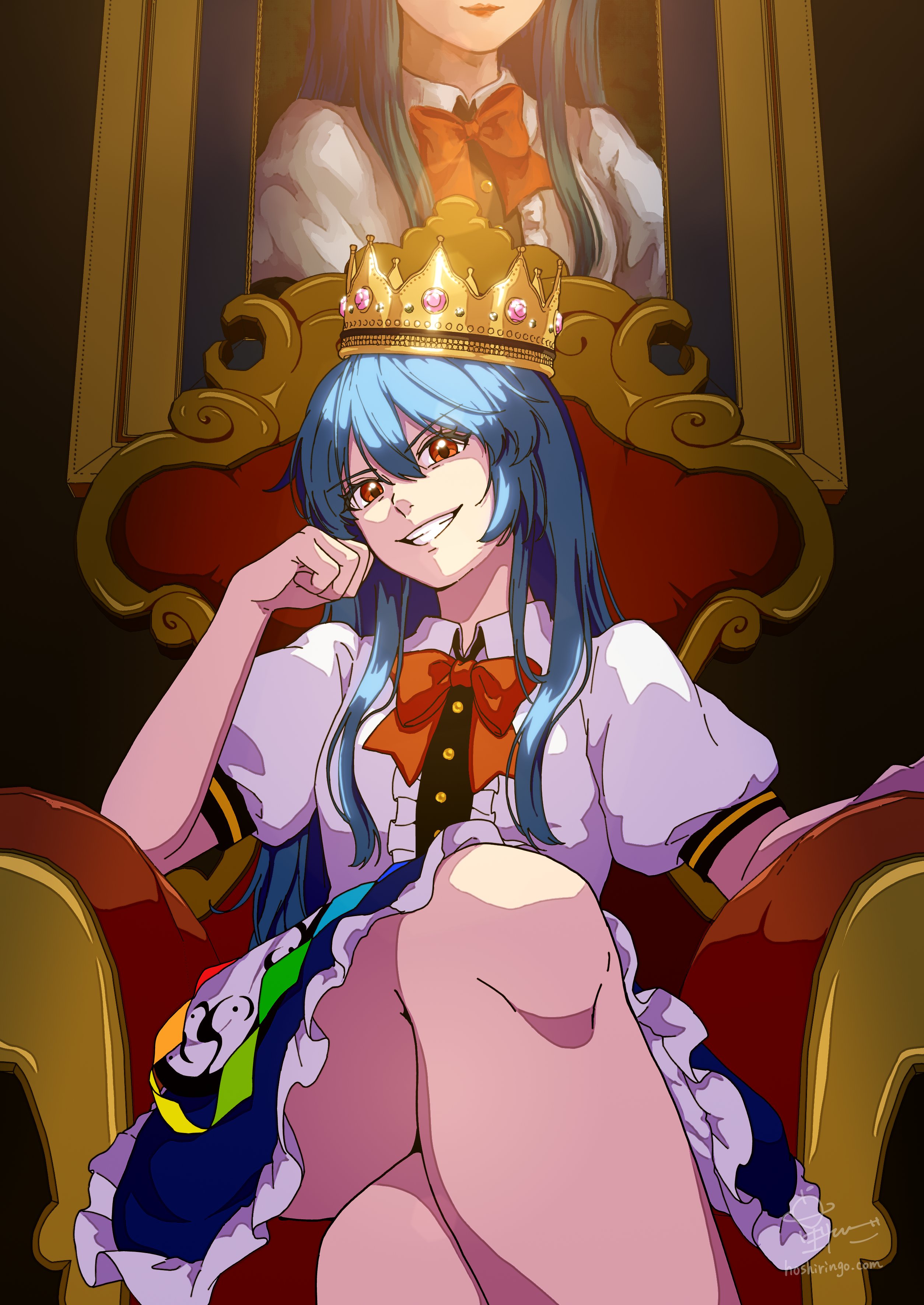 hoshiringo0902, hinanawi tenshi, touhou, absurdres, commentary request, highres, 1girl, apron, blue hair, blue skirt, bow, bowtie, buttons, center frills, collared shirt, crossed legs, crown, double-parted bangs, evil smile, frilled skirt, frills, grin, hair between eyes, long hair, looking at viewer, painting (object), puffy short sleeves, puffy sleeves, red bow, red bowtie, shirt, short sleeves, sidelocks, sitting, skirt, smile, solo, throne, waist apron, white apron, white shirt