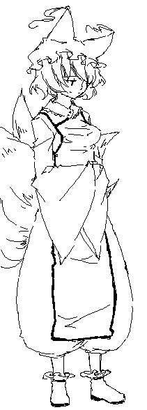 sakuraba yuuki, yakumo ran, touhou, 1girl, animal hat, female focus, full body, greyscale, hat, long sleeves, mob cap, monochrome, multiple tails, oekaki, shoes, short hair, simple background, solo, standing, tail, tassel, white background, wide sleeves