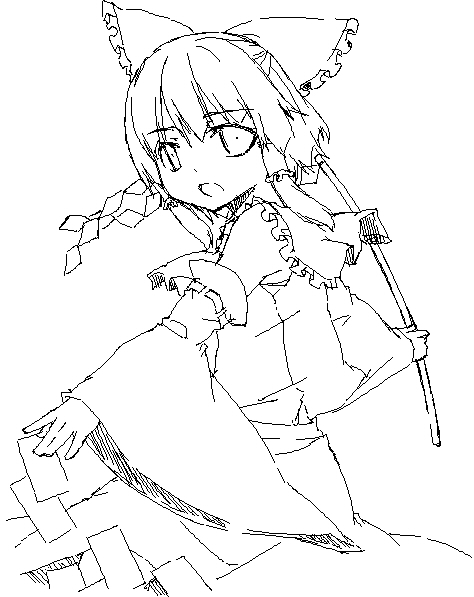 sakuraba yuuki, hakurei reimu, touhou, 1girl, detached sleeves, female focus, gohei, greyscale, japanese clothes, miko, monochrome, oekaki, skirt, solo, white background