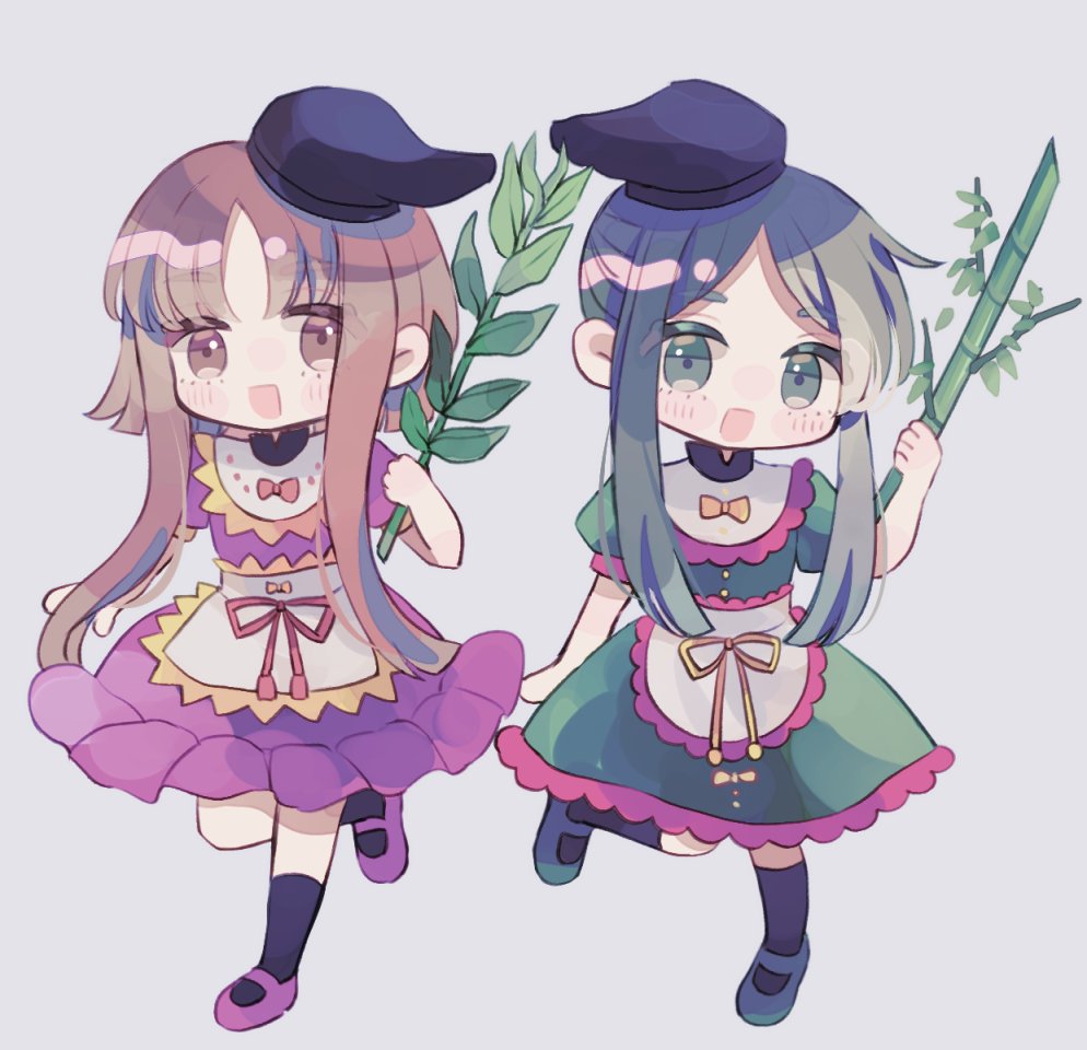 hiyuu (hiyualice), nishida satono, teireida mai, touhou, 2girls, :d, apron, bamboo, black hat, black socks, bow, branch, brown eyes, brown hair, frilled skirt, frills, full body, green eyes, green hair, green shoes, hat, holding, holding branch, long hair, looking at viewer, mary janes, multiple girls, open mouth, parted bangs, pink bow, pink shirt, pink shoes, pink skirt, puffy short sleeves, puffy sleeves, shirt, shoes, short sleeves, sidelocks, simple background, skirt, smile, socks, standing, standing on one leg, very long hair, waist apron, white apron, white background, yellow bow
